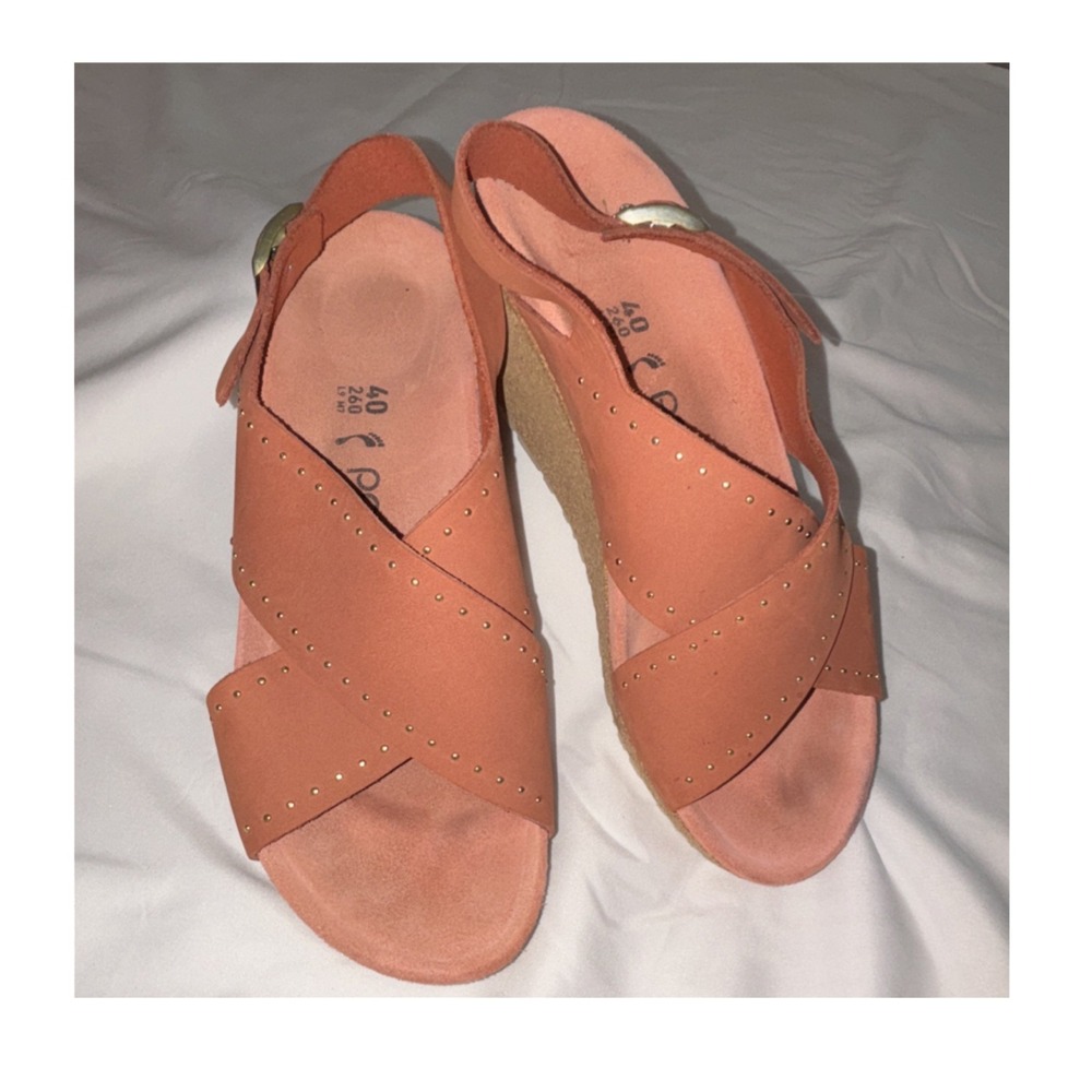 Papillio Samira Orange Suede Wedge Slingback Sandals Buckle Studded EU 40 US 9